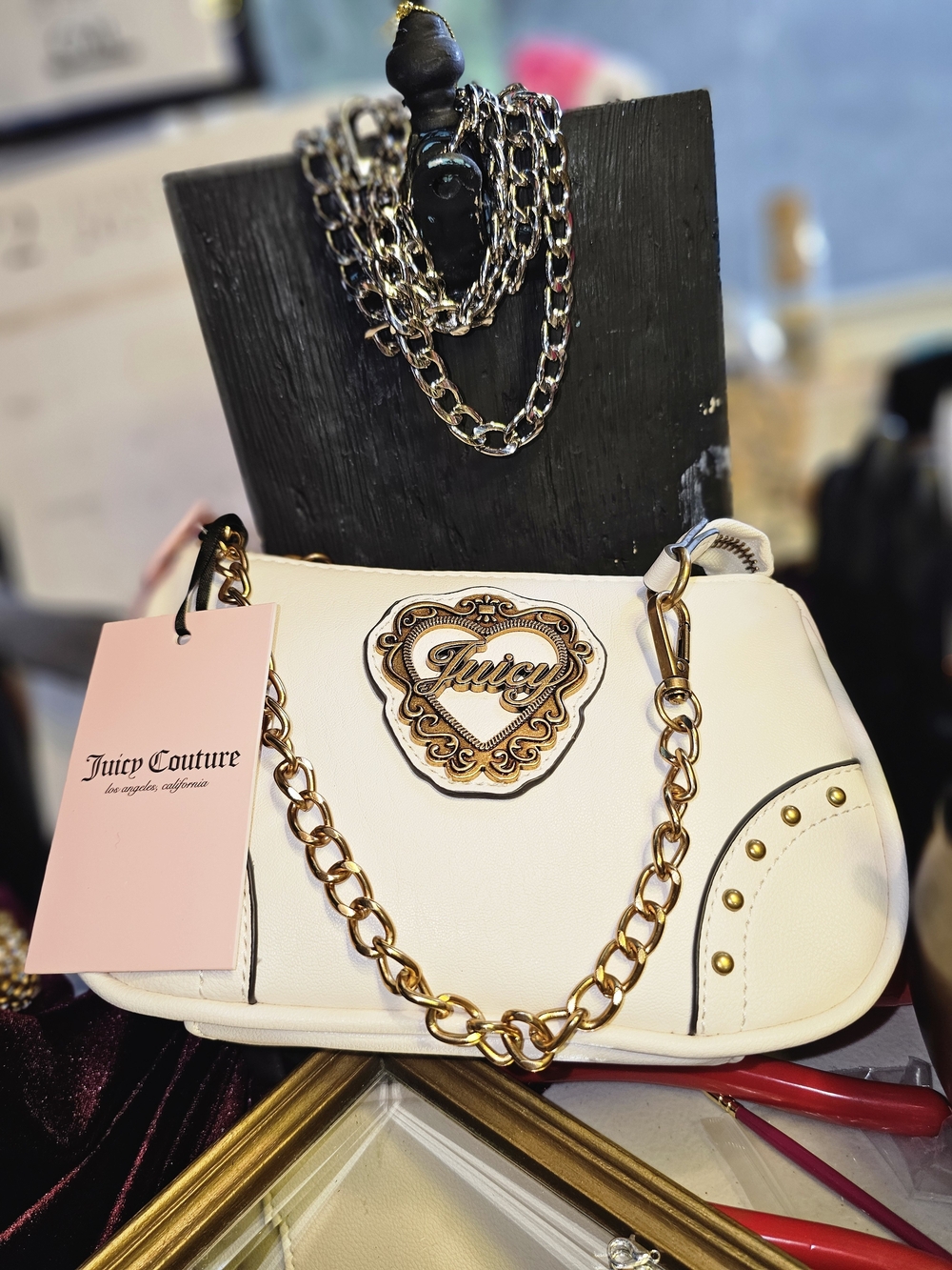 Juicy Couture Cream Shoulder Bag with Gold Chain & Heart Logo